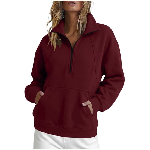 Women's Half Zip Pullover Sweatshirt Soft Fleece Long Sleeve Stand Collar Sweatshirt with Kangaroo Pocket Casual Daily Tops Wine Fall Sweatshirts for Girl Trendy M