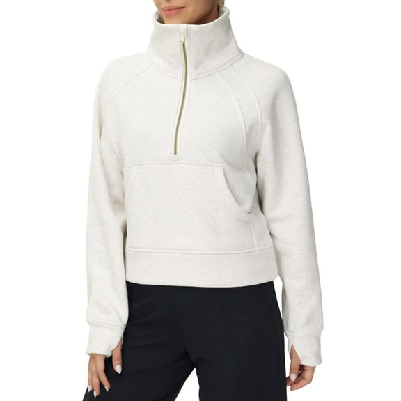 Women's Half Zip Pullover Sweatshirt  Stand Collar Crop Sweatshirt with Pockets Thumb Hole Off