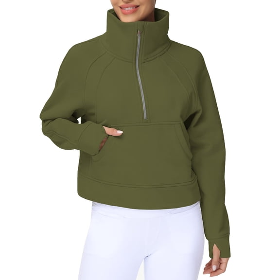 Women's Half Zip Pullover Sweatshirt  Stand Collar Crop Sweatshirt with Pockets Thumb Hole Off