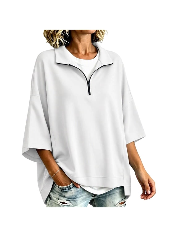 Women's Half Zip Pullover Top Stand Collar 3/4 Batwing Sleeve Loose Oversized Solid Color Casual Tunic Tops Spring Fall Daily Shirts White