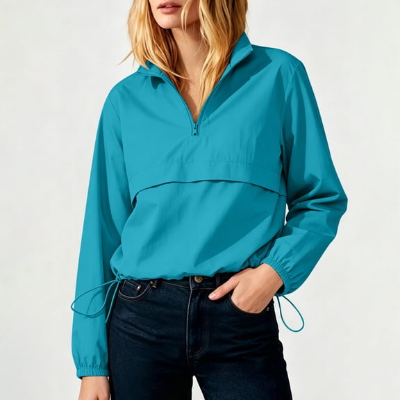 Women's Half Zip Pullover Windbreaker Lightweight Jackets Long Sleeve Athletic Track Tops with Drawstring Hem Casual Workout Running Activewear Fall Coats