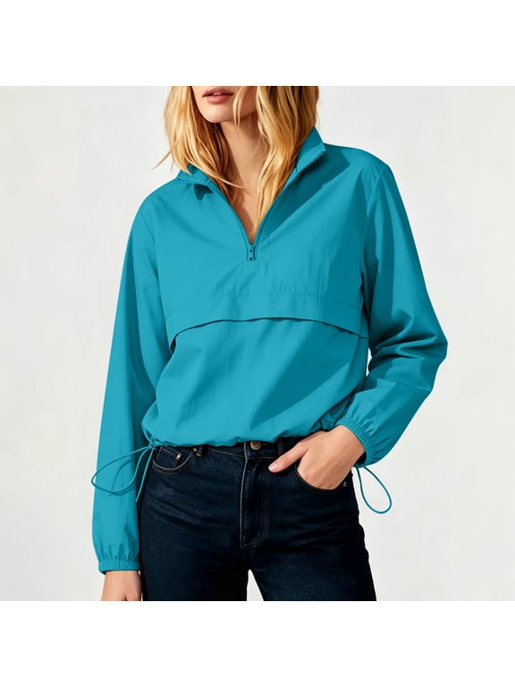 Women's Half Zip Pullover Windbreaker Lightweight Jackets Long Sleeve Athletic Track Tops with Drawstring Hem Casual Workout Running Activewear Fall Coats