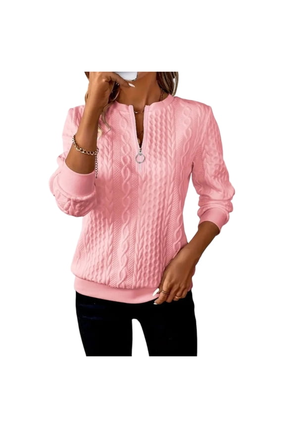 Women's Half Zip Quilted Sweatshirts Crew Neck Long Sleeve Pullover Tops Textured Solid Casual Fashion Spring Tops Pink L