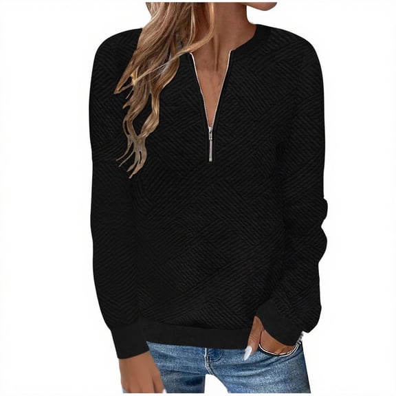 Women's Half Zip Quilted Sweatshirts Crew Neck Long Sleeve Textured Solid Casual Fall Pullover Tops Black L