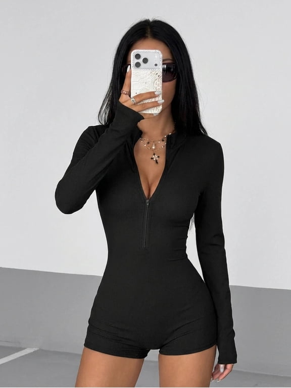 Women's Half Zip Romper Long Sleeve Bodycon Jumpsuit Shorts