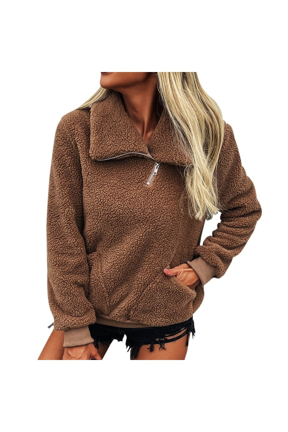Women's Half-Zip Sherpa Fleece Pullover - Cozy Oversized Warm Winter Sweatshirt, Cinchable Fuzzy Outerwear with Zippered Pockets