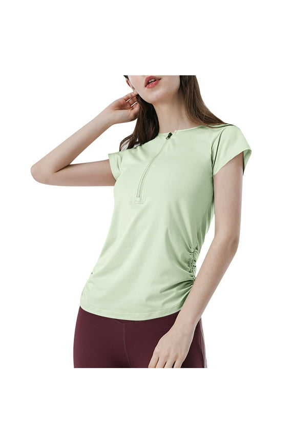 Women's Half Zip Short Sleeve Blouse Solid Color Golf Shirt Tennis Work Athletic Pleated Side Tops