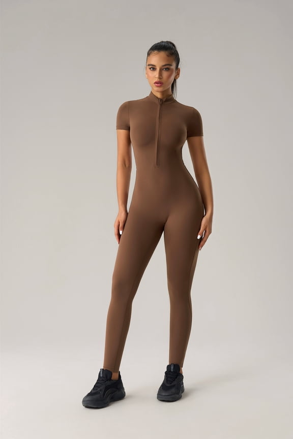 Women's Half Zip Short Sleeve One-Piece Workout Jumpsuit, 79% Nylon 21% Spandex Tummy Control Compression Yoga Bodysuit, High Neck Athletic Unitard for Gym, Pilates, Running
