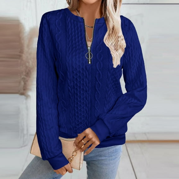 Women's Half Zip Sweatshirt Crew Neck Long Sleeve Cable Knit Pullover Tops 01-Blue S