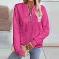 thumbnail image 1 of Women's Half Zip Sweatshirt Crew Neck Long Sleeve Cable Knit Pullover Tops 03-Hot Pink XL, 1 of 5