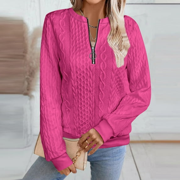 Women's Half Zip Sweatshirt Crew Neck Long Sleeve Cable Knit Pullover Tops 03-Hot Pink XL