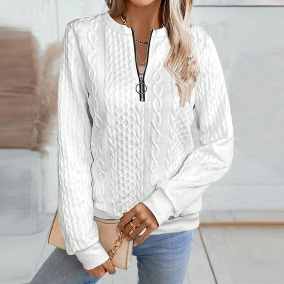 Women's Half Zip Sweatshirt Crew Neck Long Sleeve Cable Knit Pullover Tops 08-White S