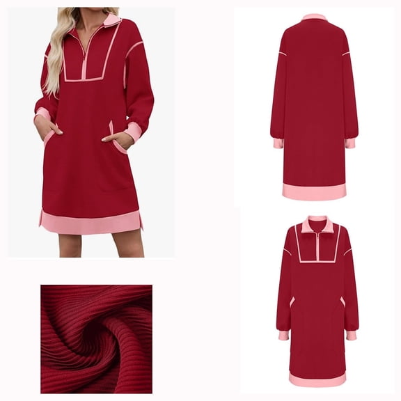 Women's Half Zip Sweatshirt Dress V-Neck Oversized Long Sleeve Pocket Dress Cozy Fall Casual Mini Dress