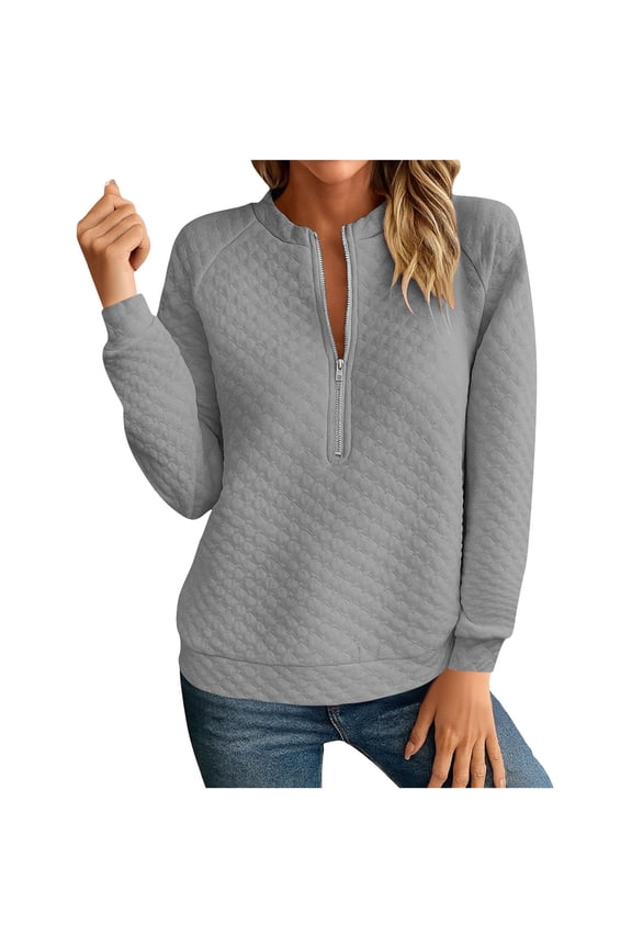 Women's Half Zip Sweatshirt Stand Collar Long Sleeve Casual Quilted Trendy Fall Pullover Clothes Tops (XXL, Gray)