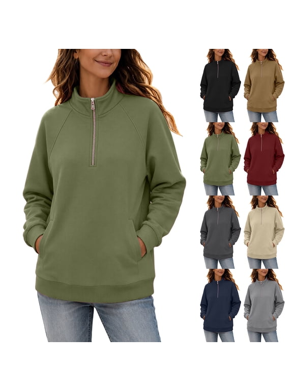Women's Half Zip Sweatshirt Stand Collar Long Sleeve Pullover Tops Raglan Sleeve Loose Casual Sweatshirts with Side Hand Pockets, Winter Plus Velvet Tops Green XL