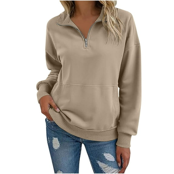 Women's Half Zip Sweatshirt Warm Fleece Pullover Sweaters Tunic Casual Long Sleeve Tops with Pockets Autumn Winter Stand Collar 1/4 Zip Cosy Top Plain Sweaters for Women