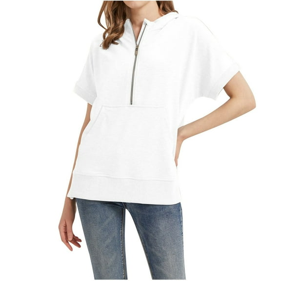 Women's Half Zip Sweatshirts Collared V-Neck Short Sleeved Solid Tops with Pocket Fall Fashion Casual Loose Pullover Shirts