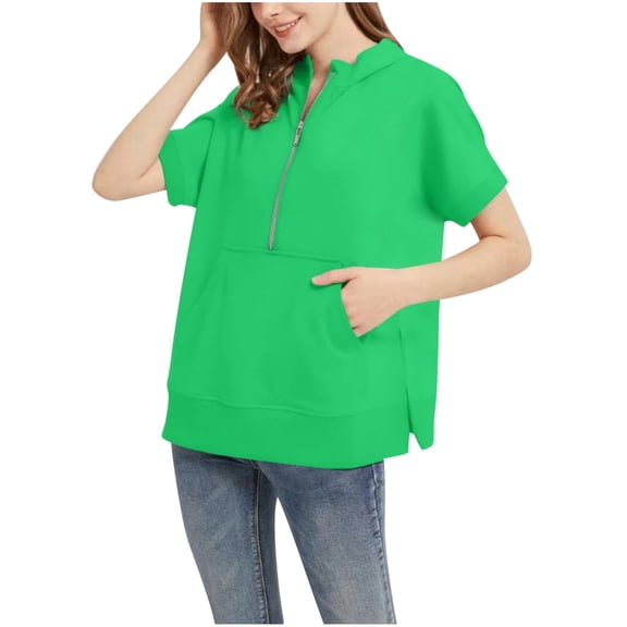 Women's Half Zip Sweatshirts Collared V-Neck Short Sleeved Solid Tops with Pocket Fall Fashion Casual Loose Pullover Shirts
