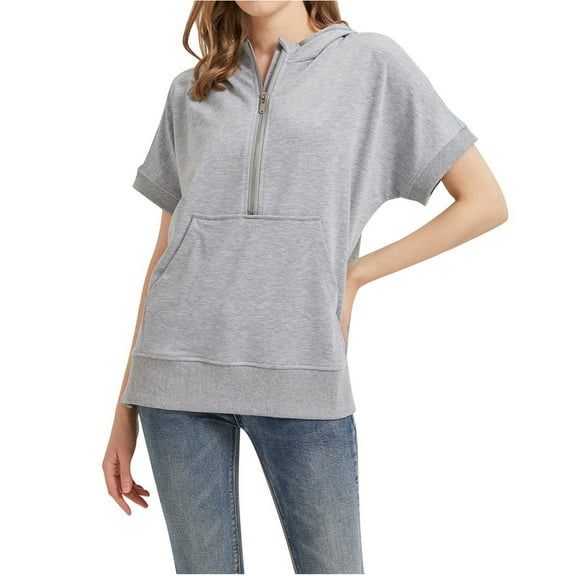 Women's Half Zip Sweatshirts Collared V-Neck Short Sleeved Solid Tops with Pocket Fall Fashion Casual Loose Pullover Shirts