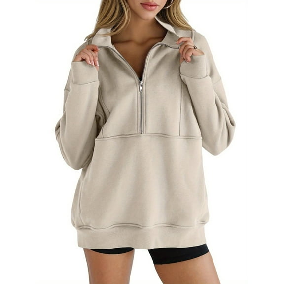 Women's Half Zip Sweatshirts Fleece Stand Collar Long Sleeve Thumb Hole Oversized Pullovers with Pockets