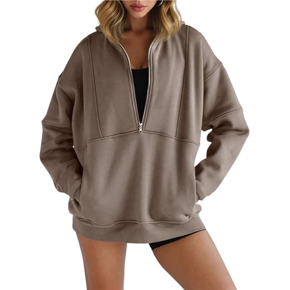 Women's Half Zip Sweatshirts Fleece Stand Collar Long Sleeve Thumb Hole Pullovers with Pockets Brown XXL