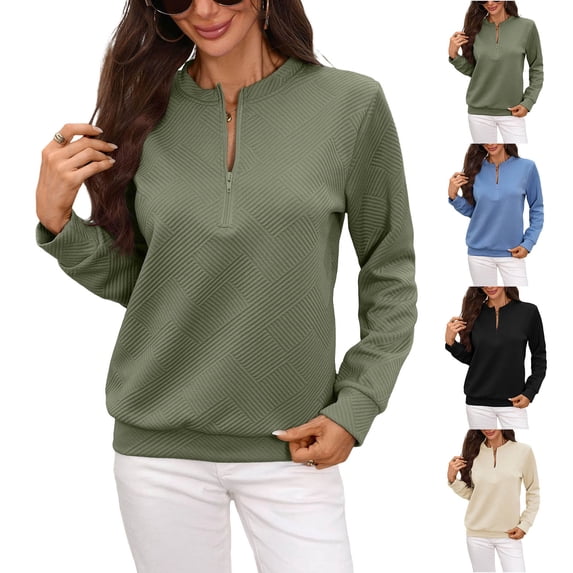 Women's Half Zip Tops Crew Neck Long Sleeve Texture Pullover Fall Winter Fashion Casual Sweatshirts Loose Fit (XL, Army Green)
