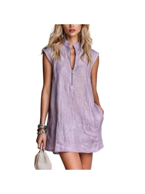 Women's Half Zip Tunic Dress, Cotton Linen Mock Neck Mini Dresses, Loose Fit Cap Sleeve Summer Beach Vacation Shift Sundress with Pockets