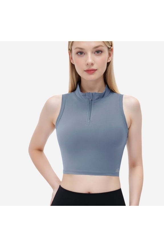 Women's Half Zip-Up Mock Neck Crop Top with Sleeveless Design - Small, Blue