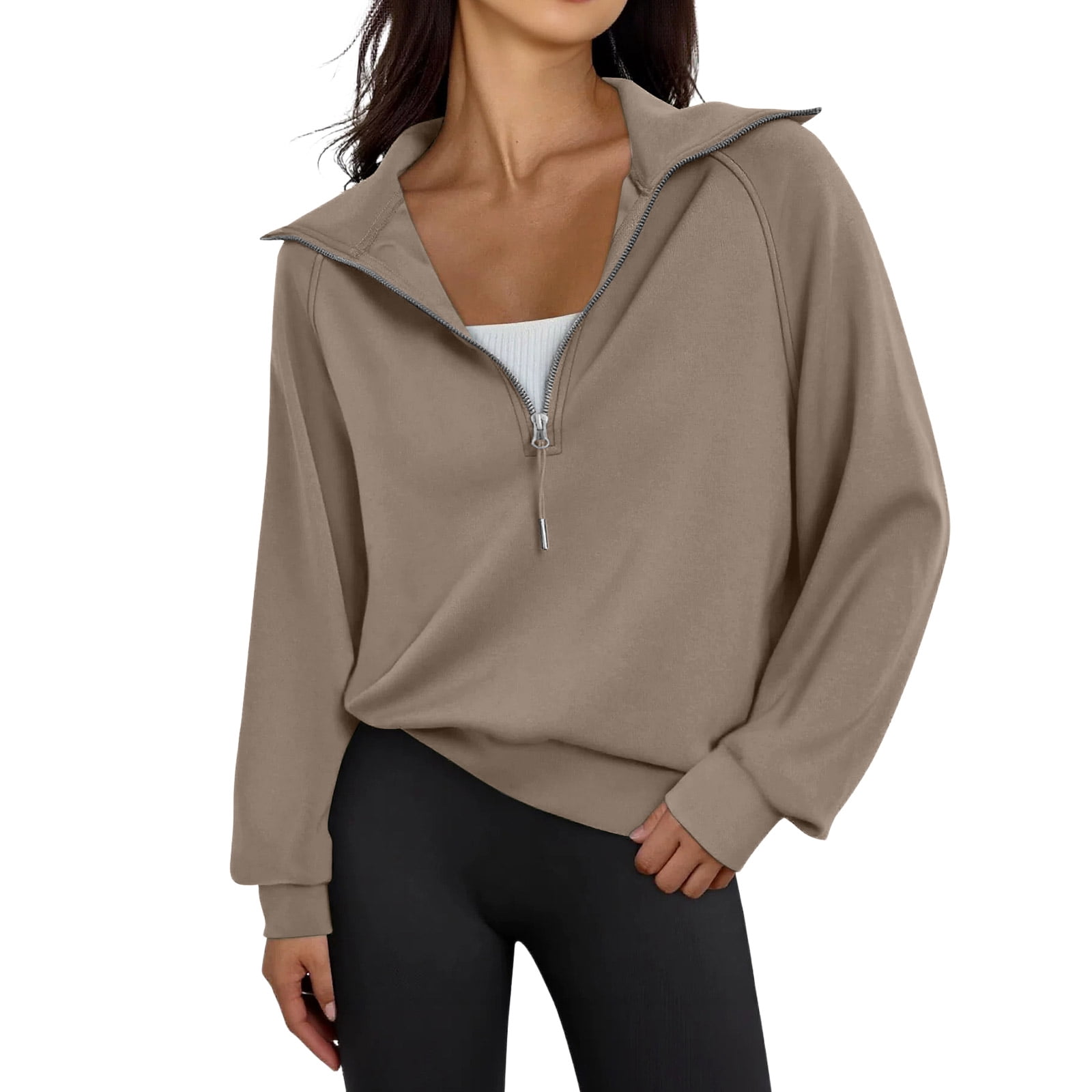 Women's Half Zip V Neck Sweatshirt with a Fold Over Collar and Long ...