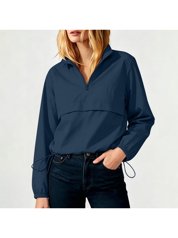 Women's Half Zip Windbreaker Pullover Drawstring Hem Long Sleeve Hooded Jacket S-3XL