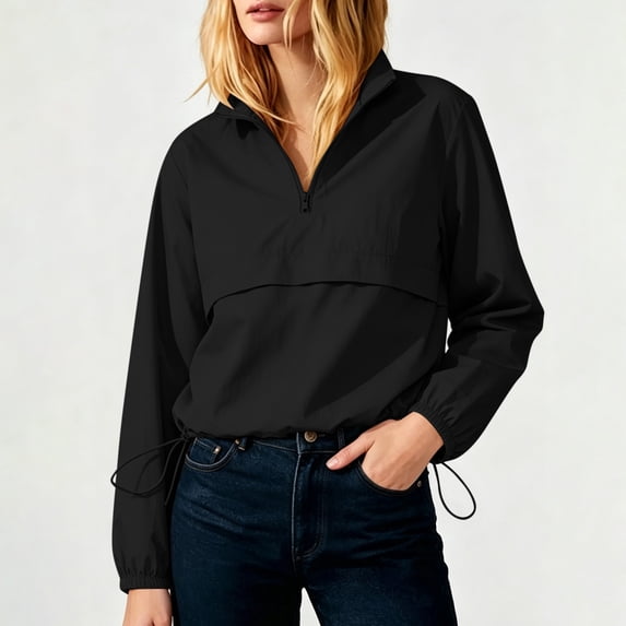 Women's Half Zip Windbreaker Pullover Drawstring Hem Long Sleeve Hooded Jacket S-3XL
