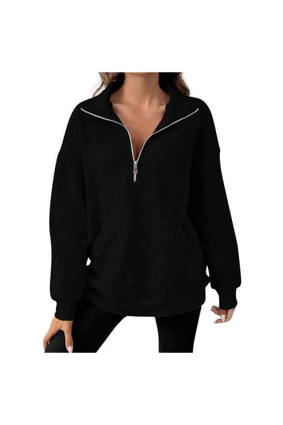 Women's Half Zipper Front Oversized Sweatshirts Long Sleeve Pullover Casual Fall Loose Top with Pockets