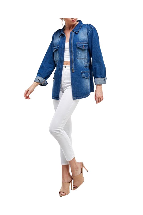 Women's Half Zipper Lightweight Cotton Distressed Oversize Denim Jean Jacket (Medium Blue, S)