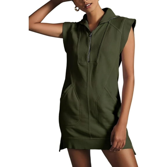 Women's Half Zipper Sweatshirt Dress Summer V Neck Sleeveless Pullover Knit Top Mini Dress Patchwork Dresses