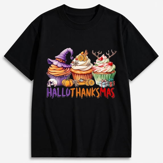 Women's Hallothanksmas Witch Cupcakes Holiday Graphic T-Shirt, Halloween Seasonal Short Sleeve Shirt
