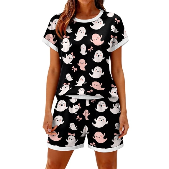Women's Halloween 2 Piece Sets Candy Spiderweb Crew Neck Funny T Shirts and Pumpkin Skull Pleated Spooky Shorts, 2XL