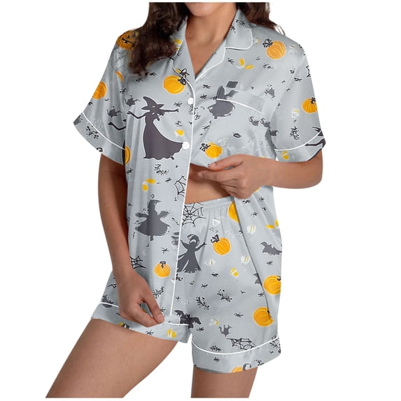 Women's Halloween 2PC Pajamas Set Short Sleeve Lapel Button Down Shirt And Shorts Lounge Set Print Homewear with Pockets Gray-3 M