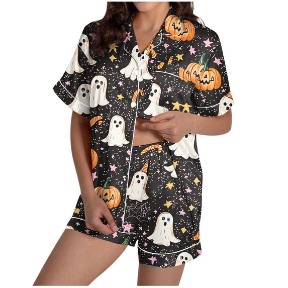 Women's Halloween 2PC Pajamas Set Short Sleeve Lapel Button Down Shirt And Shorts Lounge Set Print Homewear with Pockets Gray S