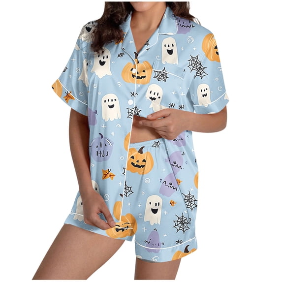 Women's Halloween 2PC Pajamas Set Short Sleeve Lapel Button Down Shirt And Shorts Lounge Set Print Homewear with Pockets Light Blue-2 S