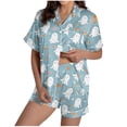 thumbnail image 1 of Women's Halloween 2PC Pajamas Set Short Sleeve Lapel Button Down Shirt And Shorts Lounge Set Print Homewear with Pockets Light Blue S, 1 of 8