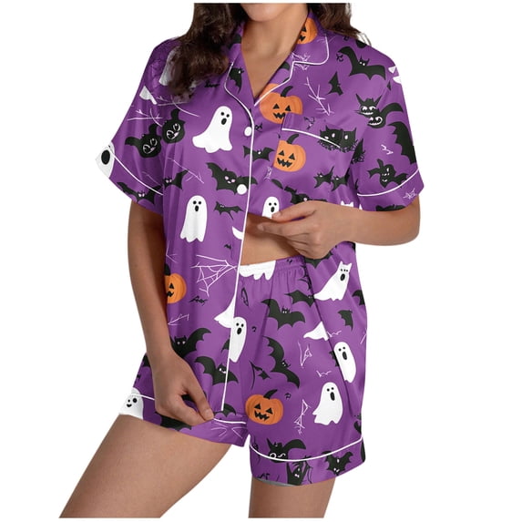 Women's Halloween 2PC Pajamas Set Short Sleeve Lapel Button Down Shirt And Shorts Lounge Set Print Homewear with Pockets Purple-2 M