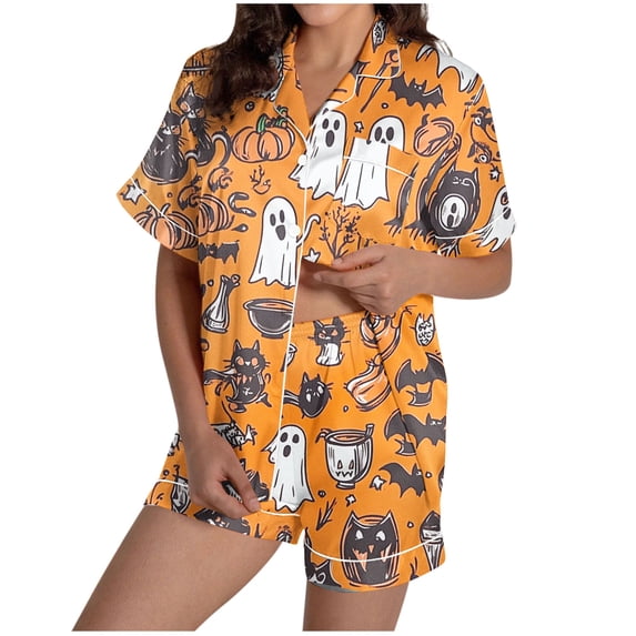 Women's Halloween 2PC Pajamas Set Short Sleeve Lapel Button Down Shirt And Shorts Lounge Set Print Homewear with Pockets Yellow-1 L