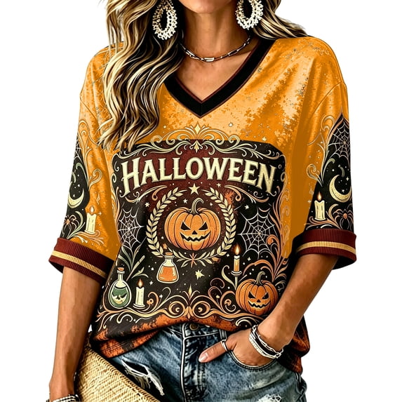 Women's Halloween 3/4 Sleeve Tops Cozy V Neck Blouse Spooky Pumpkin Ghost Print T Shirts Casual Holiday Top