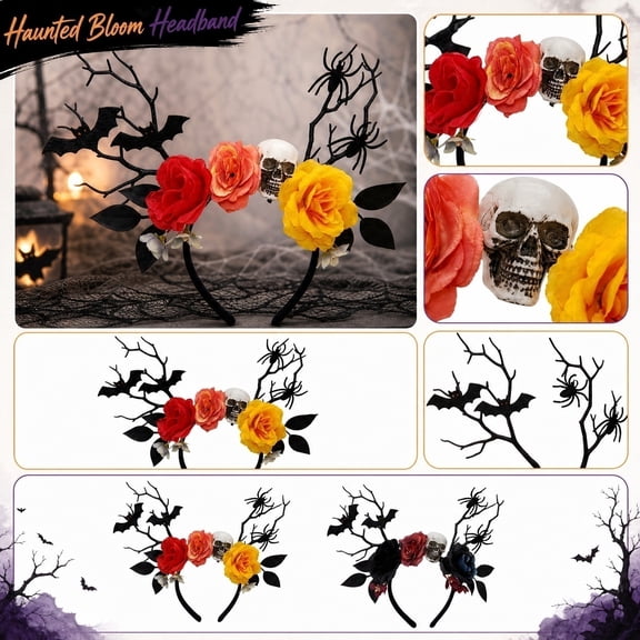 Women's Halloween Accessory, Day of The Dead Headband, Fake Rose Headband, Mexican Skull Headband, Gothic Spooky Twig Headpiece with Spiders, Bats and Dark Flowers for Themed