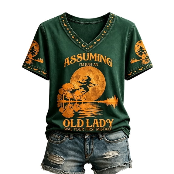 Women's Halloween Assuming I'm Just an Old Lady was Your First Mistake Witch Tee Funny Halloween Shirts for Women Halloween Witch Shirt Army Green XXL