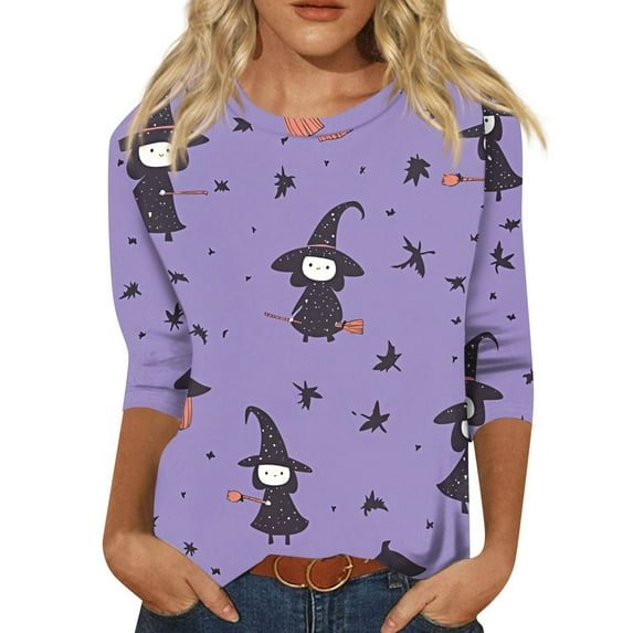Women’s Halloween Bat Print Long Sleeve Shirt, Casual Crew Neck Loose Fit Top, Cute Purple Star Pattern Blouse for Fall Halloween Tops for Women