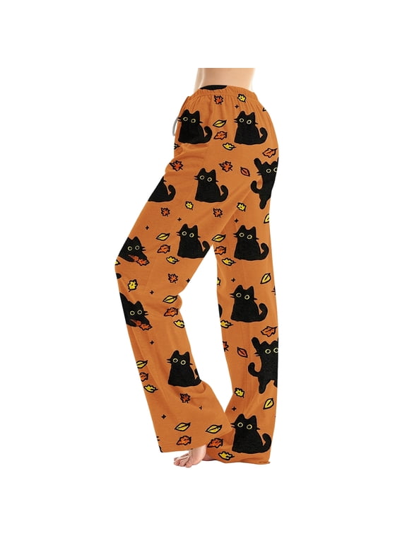 Women's Halloween Black Cat Fall Leaf Print Lounge Pants Drawstring Elastic Waist Loose Casual Sleep Pants For Home Wear 3XL
