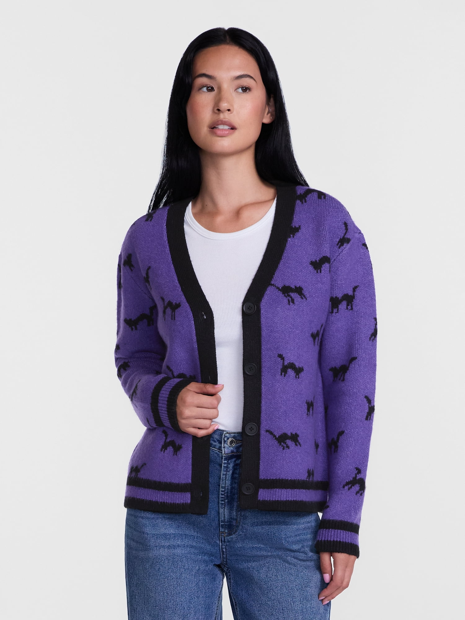 Women's Halloween Black Cat Cardigan Sweater from Way to Celebrate, Sizes S-4X