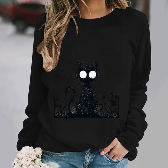 Women's Halloween Black Cat Graphic Sweatshirt Creepy Animal Print Pullover Tops Long Sleeve Crewneck Casual Fall Shirts Comfortable Outerwear
