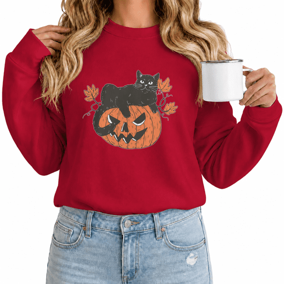 Women's Halloween Black Cat Pumpkin Graphic Sweatshirt Playful Crewneck Pullover Autumn Spooky Style